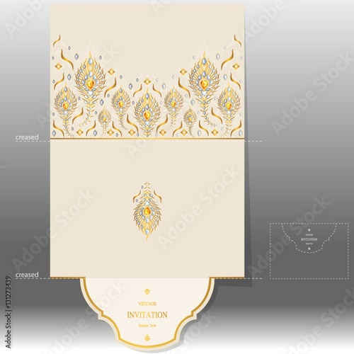 Wedding Invitation card templates with gold peacock patterned and crystals on paper color Landscape size.