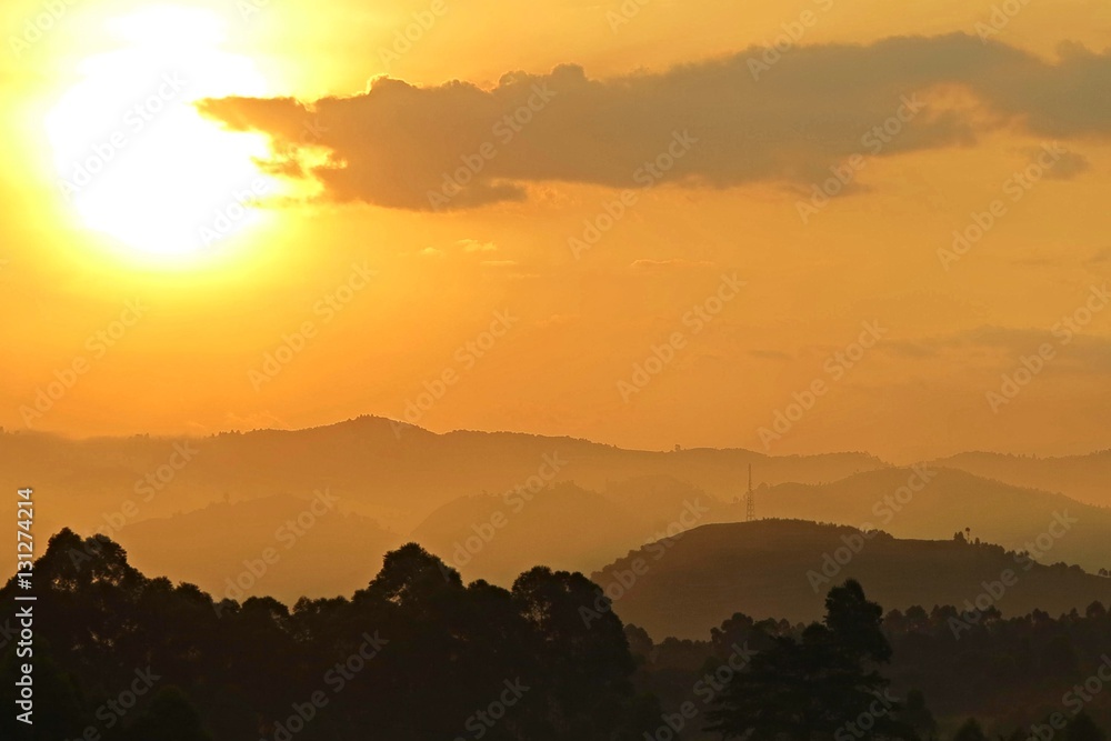 Fototapeta premium Amazing sunrise in african congo, wild and nature in africa, beautiful landscape view, green jungle and mountains