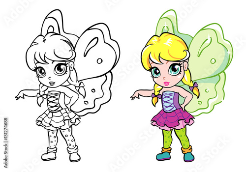 vector colourful elf fairy girl with coloring page