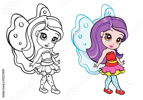 vector colourful elf fairy girl with coloring page