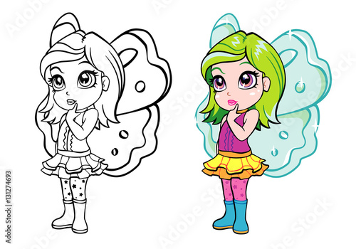 vector colourful elf fairy girl with coloring page