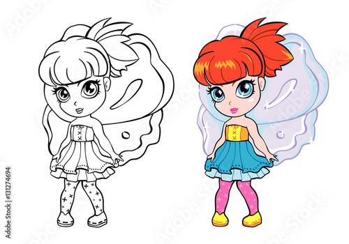 vector colourful elf fairy girl with coloring page