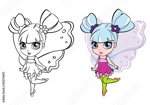 vector colourful elf fairy girl with coloring page
