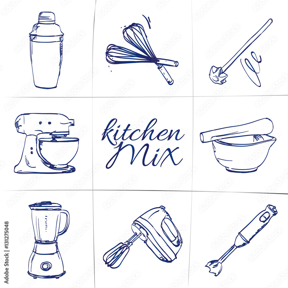 Doodle set of kitchen mixer - shaker, whisk, food processor, mortar,  smoothie maker, mixer, blender, hand-drawn. Vector sketch illustration  isolated over white background. Stock Vector