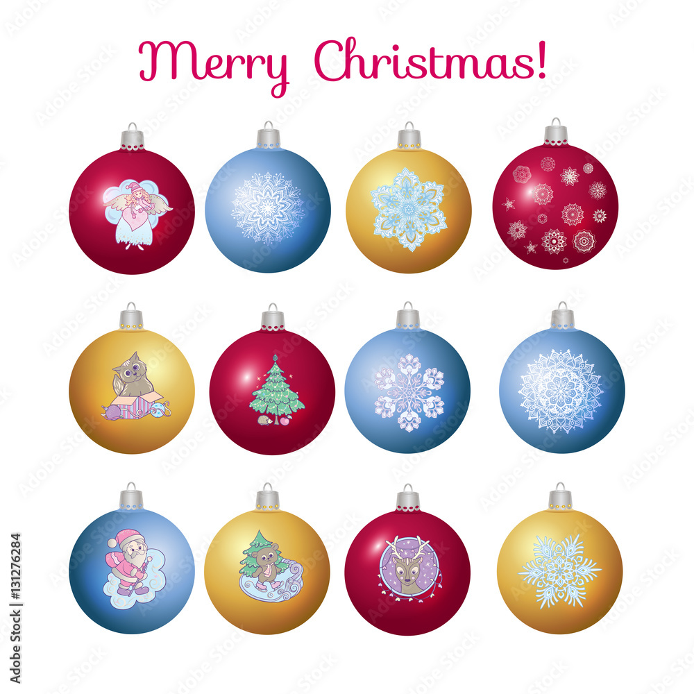 Set of New Year's Eve ball with drawings of Santa Claus, reindee Set of New Year's Eve ball with drawings of Santa Claus, reindee