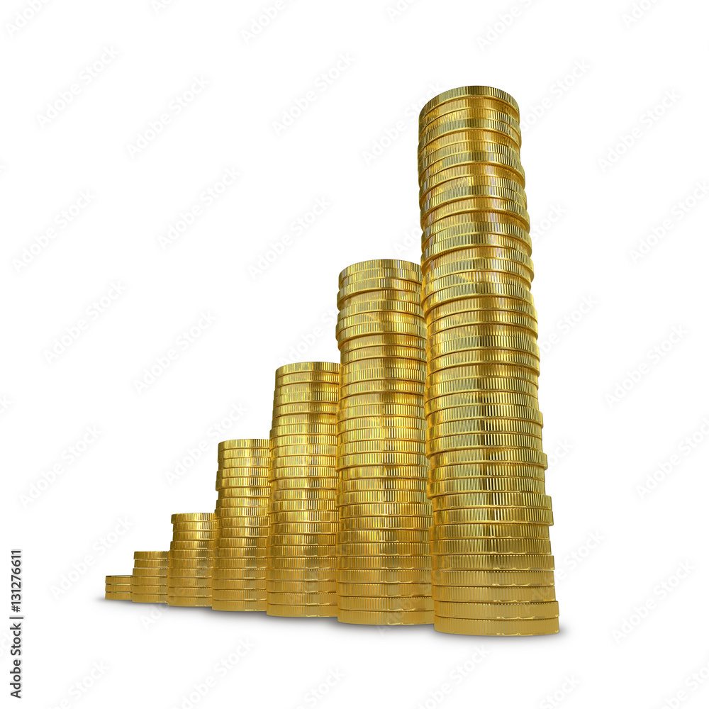 Raising graph made of golden coins isolated on white background. Raising graph made of golden coins isolated on white background.