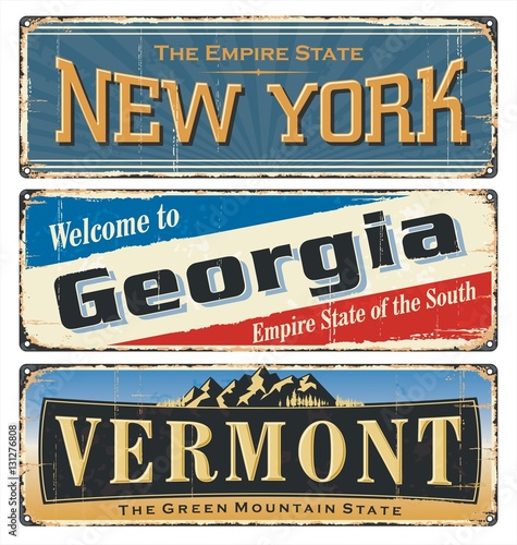 USA state.Vintage tin sign collection with America state. All States. Retro souvenirs or old paper postcard templates on rust background. States of America. New York. Georgia. Vermont.