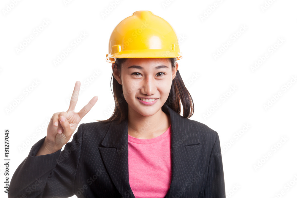Asian engineer woman show Victory sign. Asian engineer woman show Victory sign.