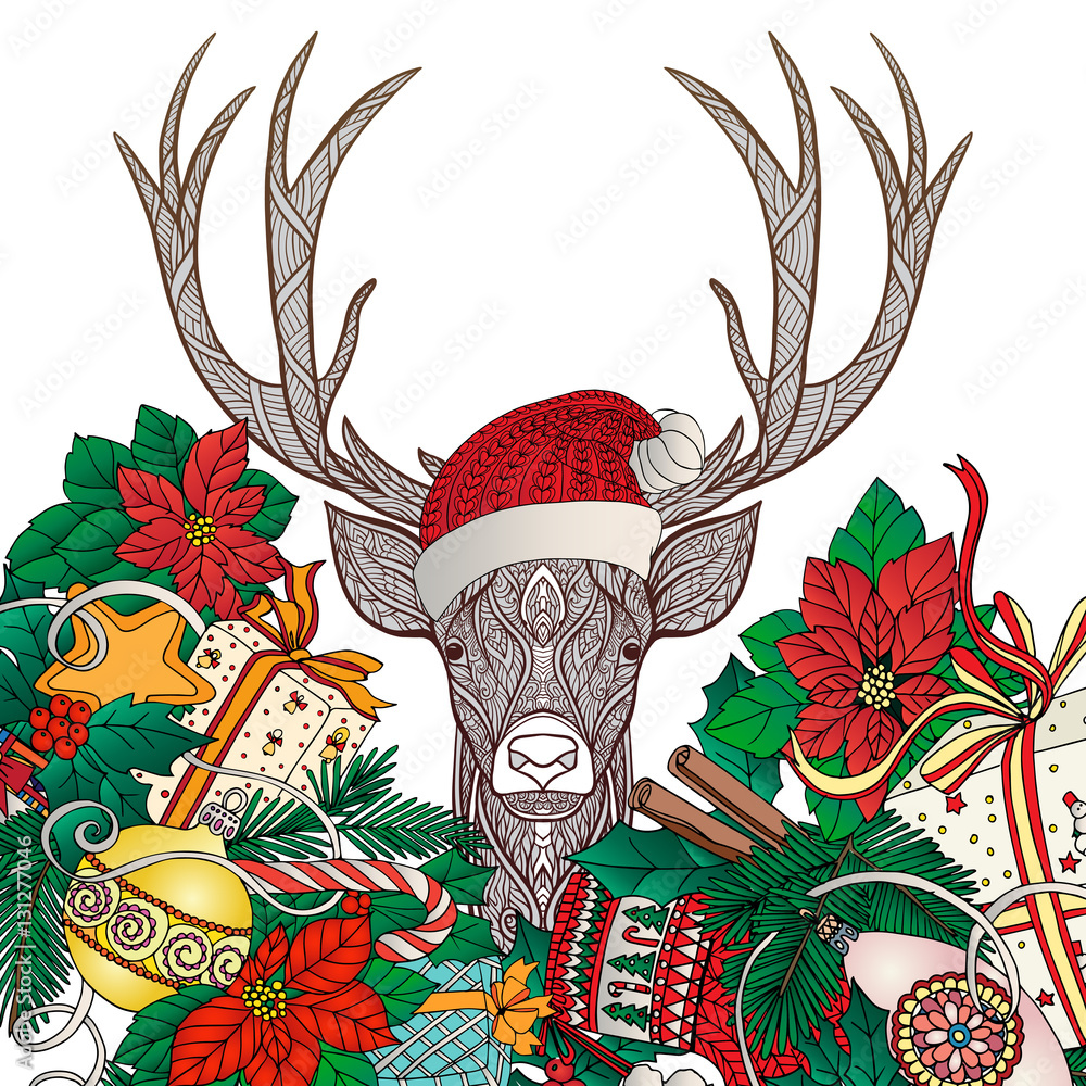 Fototapeta premium Deer head in the cap of Santa Claus with Christmas wreath. Stock