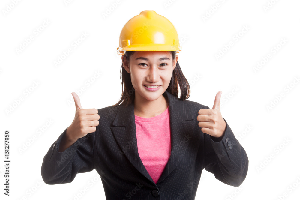 Asian engineer woman thumbs up with both hands. Asian engineer woman thumbs up with both hands.