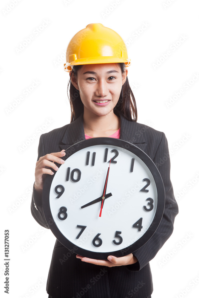 Asian engineer woman with a clock.