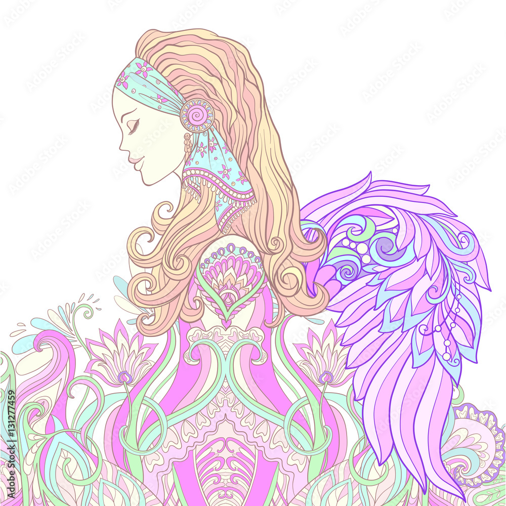 Young woman with long hair with angel wings in medieval costume Young woman with long hair with angel wings in medieval costume