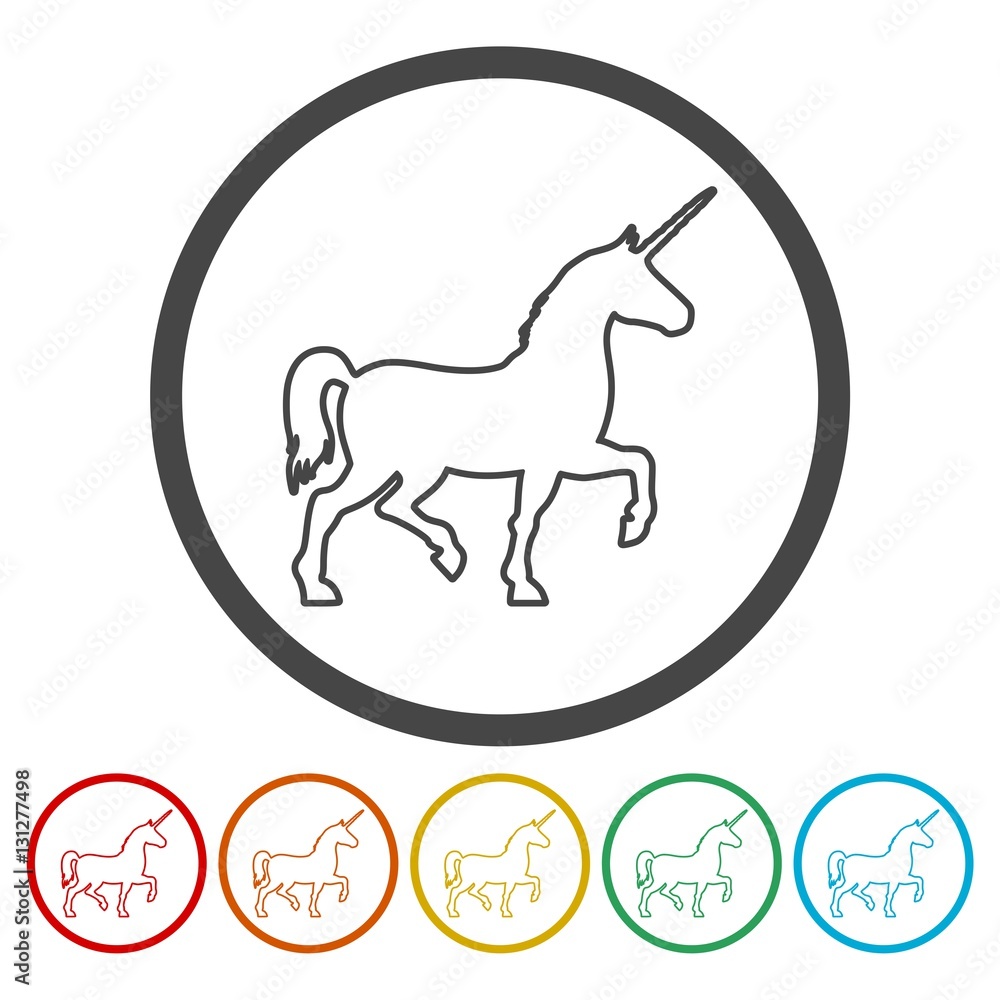 Silhouette of Unicorn Horse line icons set Silhouette of Unicorn Horse line icons set