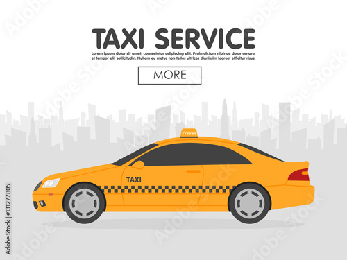 Fototapeta Naklejka Na Ścianę i Meble -  Yellow taxi car in front of city silhouette, vector illustration in simple flat design