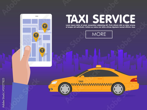 Phone with interface taxi on screen on background the city. Mobile app for booking service. Flat vector illustration for business, info graphic, banner, presentations