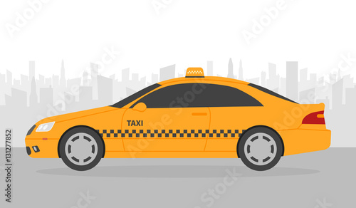 Fototapeta Naklejka Na Ścianę i Meble -  Yellow taxi car in front of city silhouette, vector illustration in simple flat design