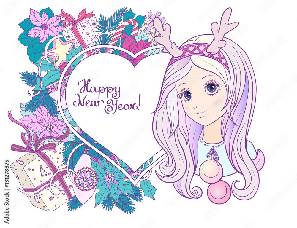 Young girl with long purple hair with a rim for hair with antler Young girl with long purple hair with a rim for hair with antler