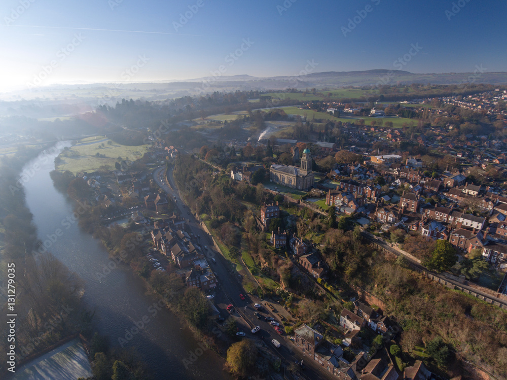 Aerial view of Bridgnorth, including the Church and River Severn.