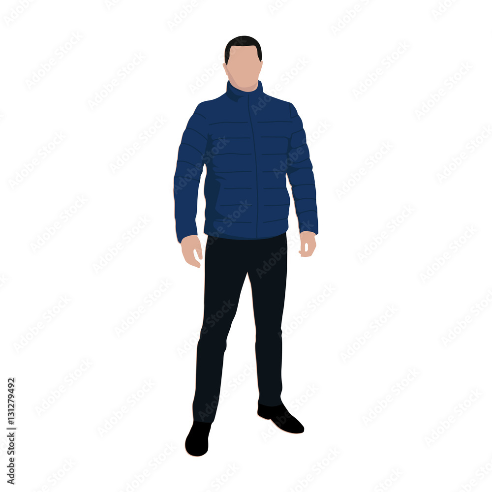 Standing man in blue feather jacket, flat vector illustration Standing man in blue feather jacket, flat vector illustration