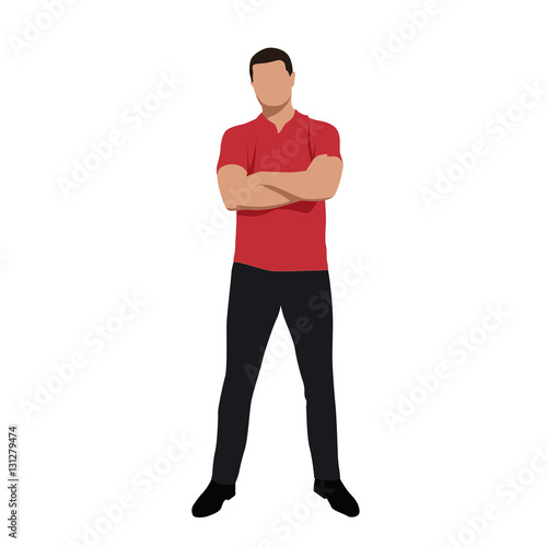 Standing young man in red polo shirt with folded arms, front vie