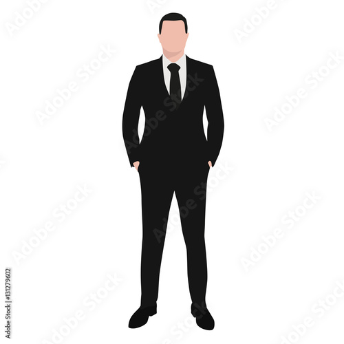 Business man in dark suit and black tie standing with hands in p