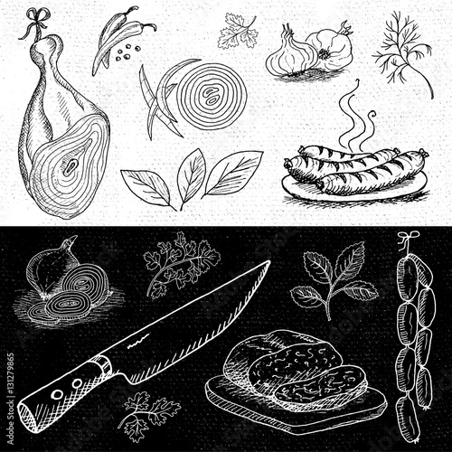 Set of chalk drawn on a blackboard food, spices.