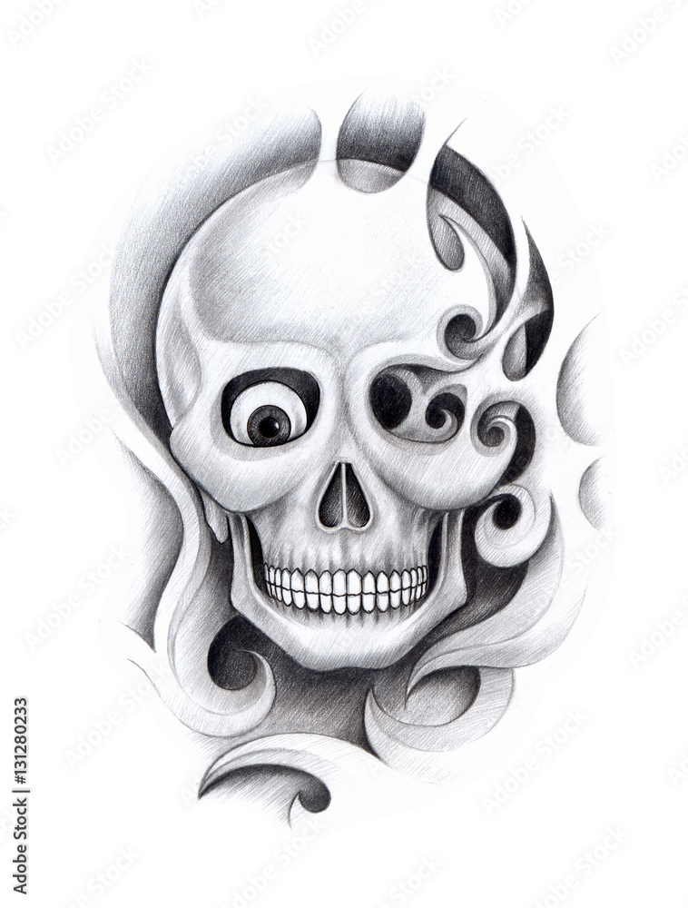 Art design skull head mix graphic tribal tattoo hand pencil drawing on  paper. Stock Illustration | Adobe Stock