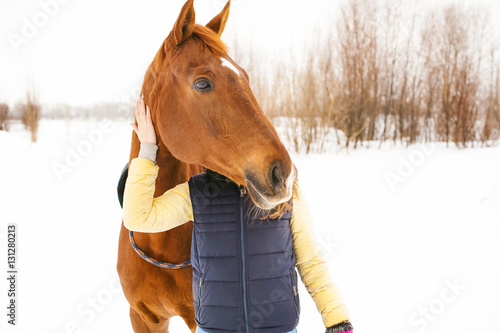 Female rider and horse in the open air. portrait of a beautiful young woman with her stallion, outdoors in winter. girl hugging and caressing the animal