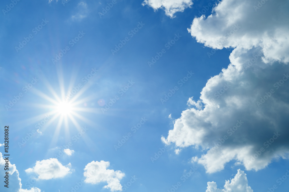 Sun flare with cloudy blue sky background