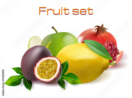 Vector realistic 3d fruit set. Passionfruit, pomegranate, lemon apple isolated