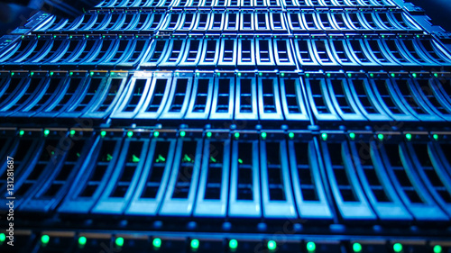 Closeup Strorage Hard Disk Bay in Modern Data Center. photo