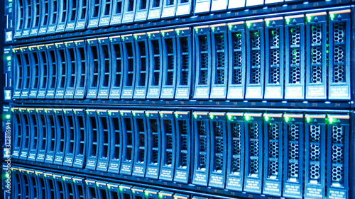Closeup Strorage Hard Disk Bay in Modern Data Center. photo
