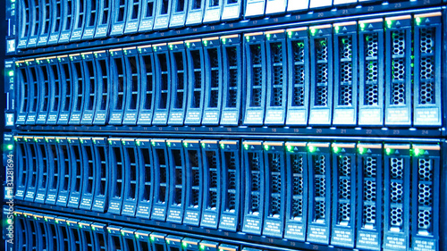 Closeup Strorage Hard Disk Bay in Modern Data Center.
