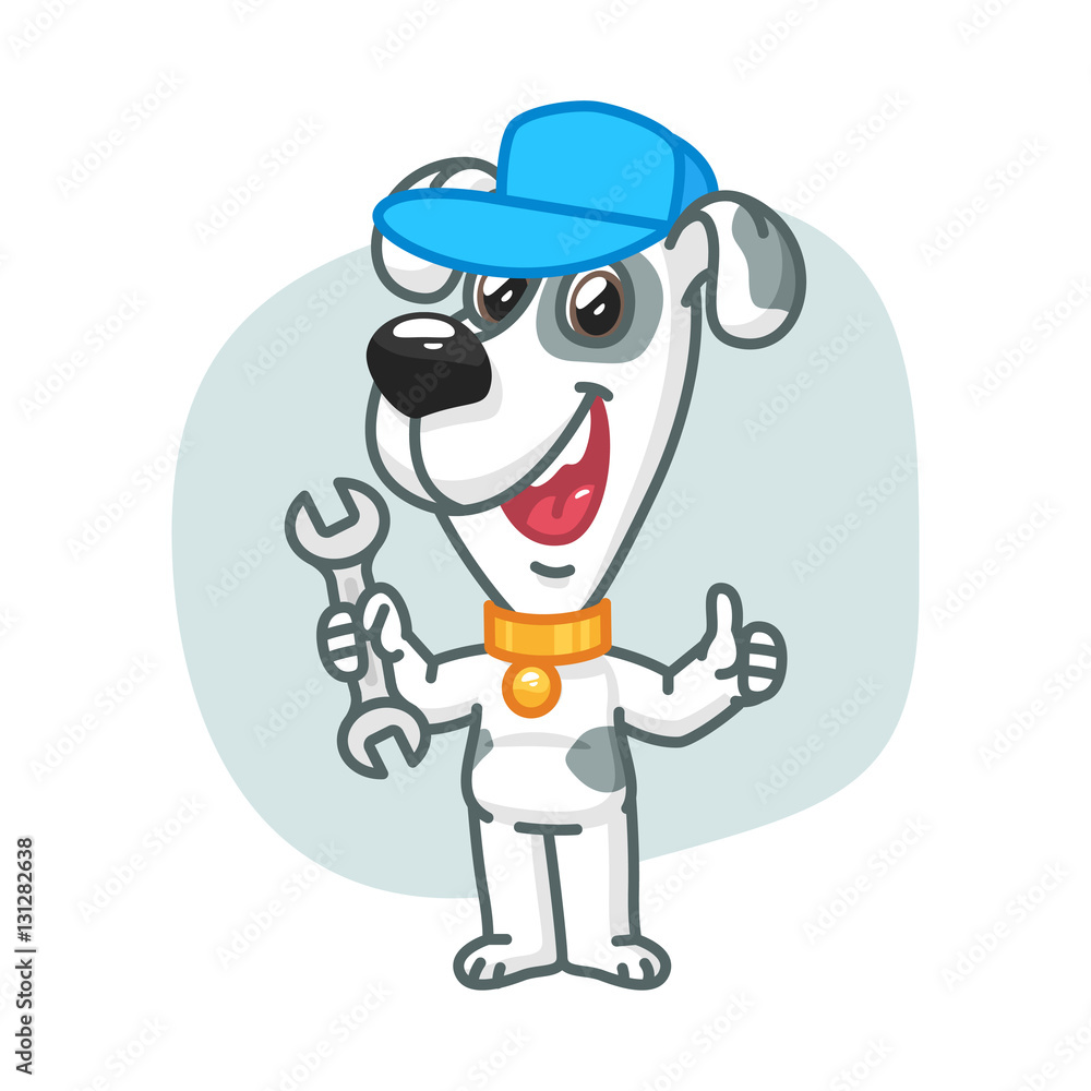 Dog Holding Wrench and Smiling