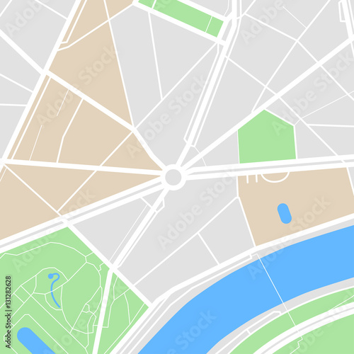 Map of the city with streets, parks and pond. Flat design abstract vector illustration.