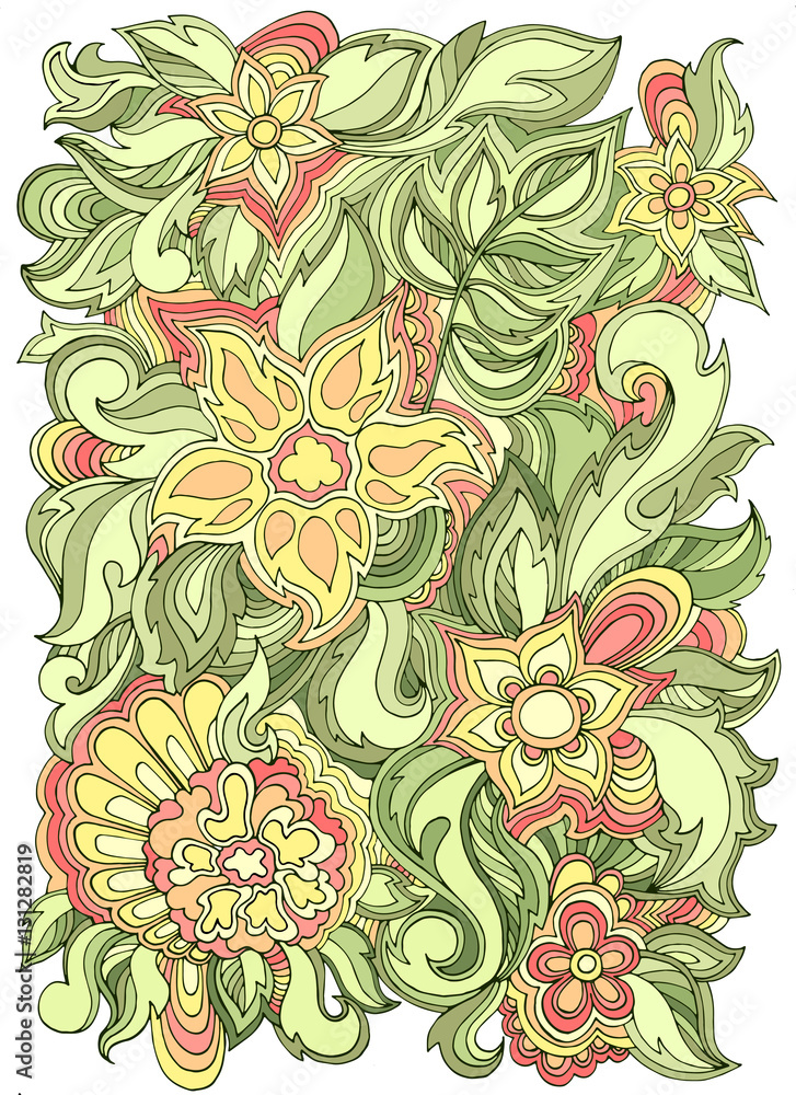 Spring hand drawing flowers. Vector floral color banner with flowers and leaves.