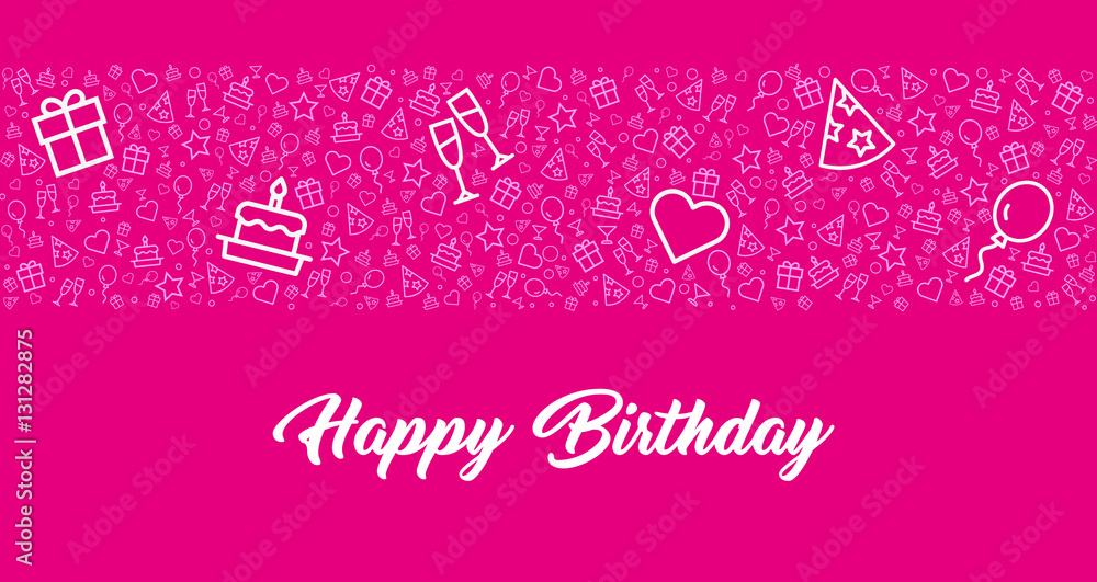 elegante pinke Glückwunschkarte zum Geburtstag mit Icons und Happy