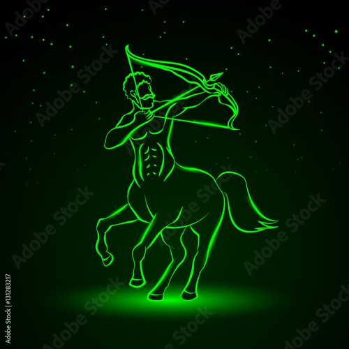 Green Neon Sagittarius zodiac illustration on the starry background. Centaur with a bow, front view.