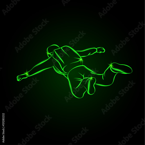 Skydiver jumps with open arms. Neon vector illustration paratrooper with a backpack on his shoulders.
