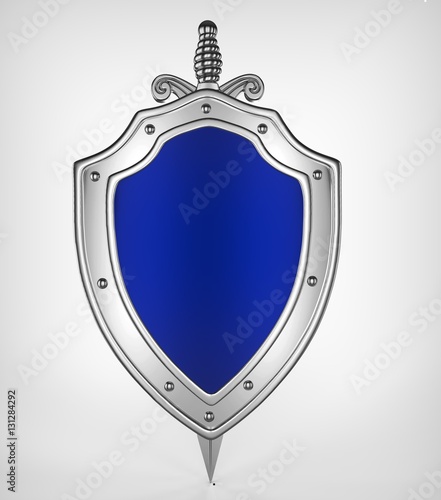 3d rendreing silver shield and a sword  photo