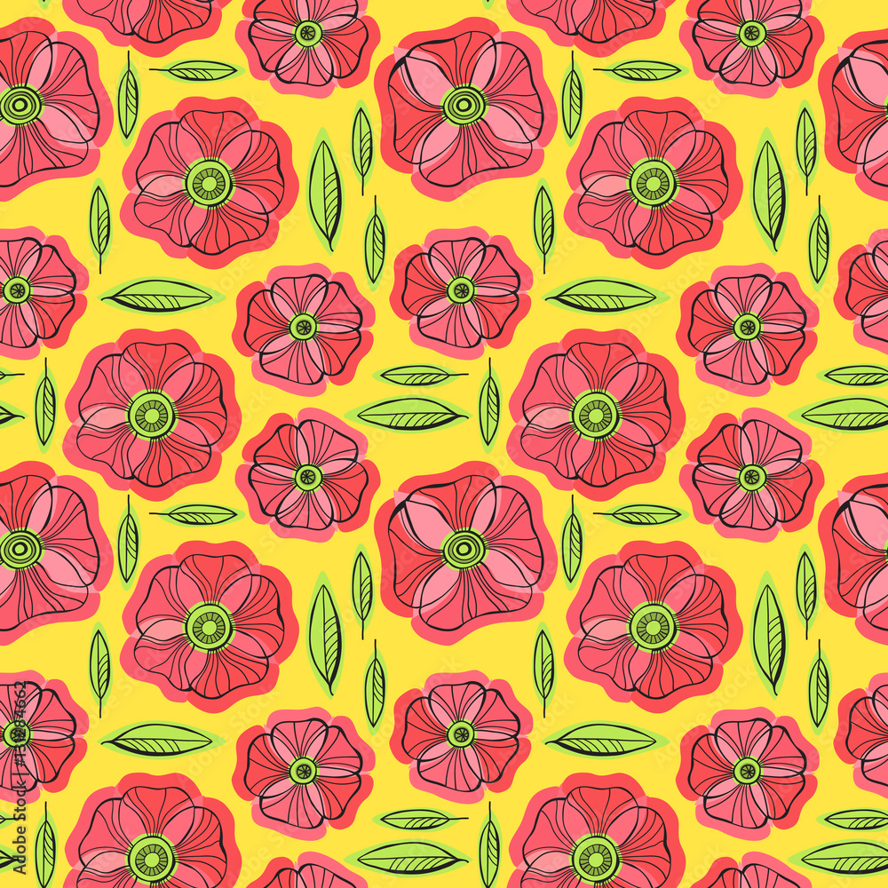 Naklejka premium Beautiful Poppy Flowers set, Colorful Vector seamless pattern.