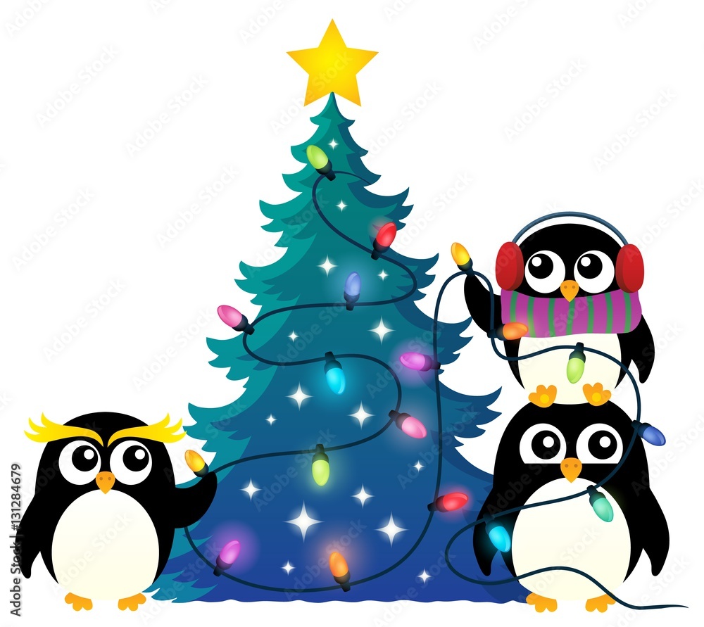 Penguins around Christmas tree theme 1 Penguins around Christmas tree theme 1