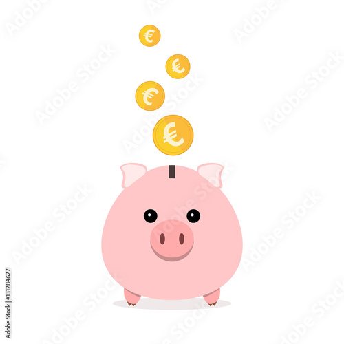 Piggy bank with falling coins. Vector illustration.