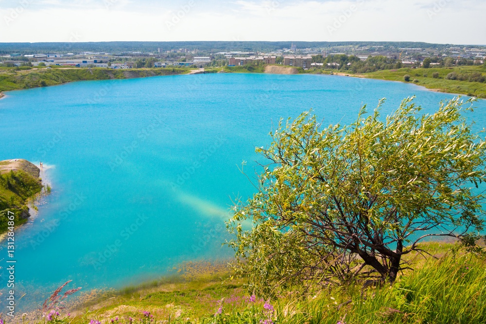 Beautiful blue lake near the town