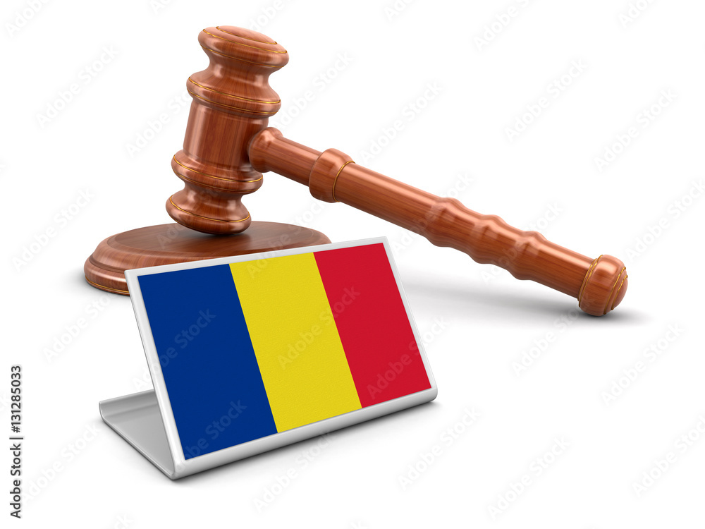 3d wooden mallet and Romanian flag. Image with clipping path