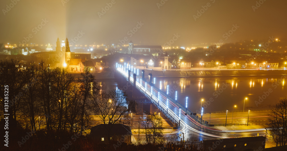 Misty night view of Kaunas from Aleksotas hill, Lithuania