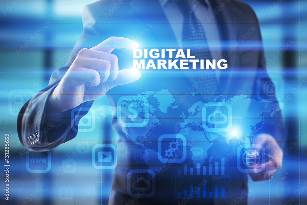 Businessman selecting digital marketing on virtual screen. Businessman selecting digital marketing on virtual screen.