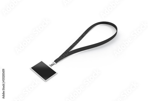 Blank black name bagde with dark lace mockup, 3d rendering. Plain horizontal namebadge mock up with cotton band isolated. Clear business pass design template. Corporate branding lanyard.
