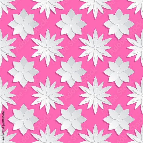 Paper cut flowers background. Origami vector floral pattern