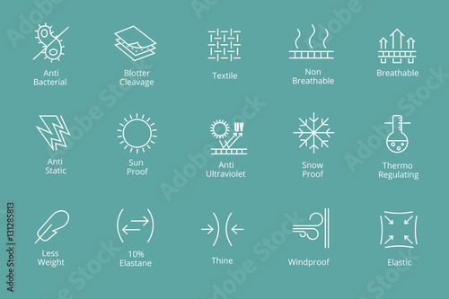Garments and fabrics properties icons like waterproofing  antibacterial, snow  sun protection